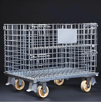 Foldable Heavy Duty Wire Mesh Storage Cage With Wheels for Industrial Use